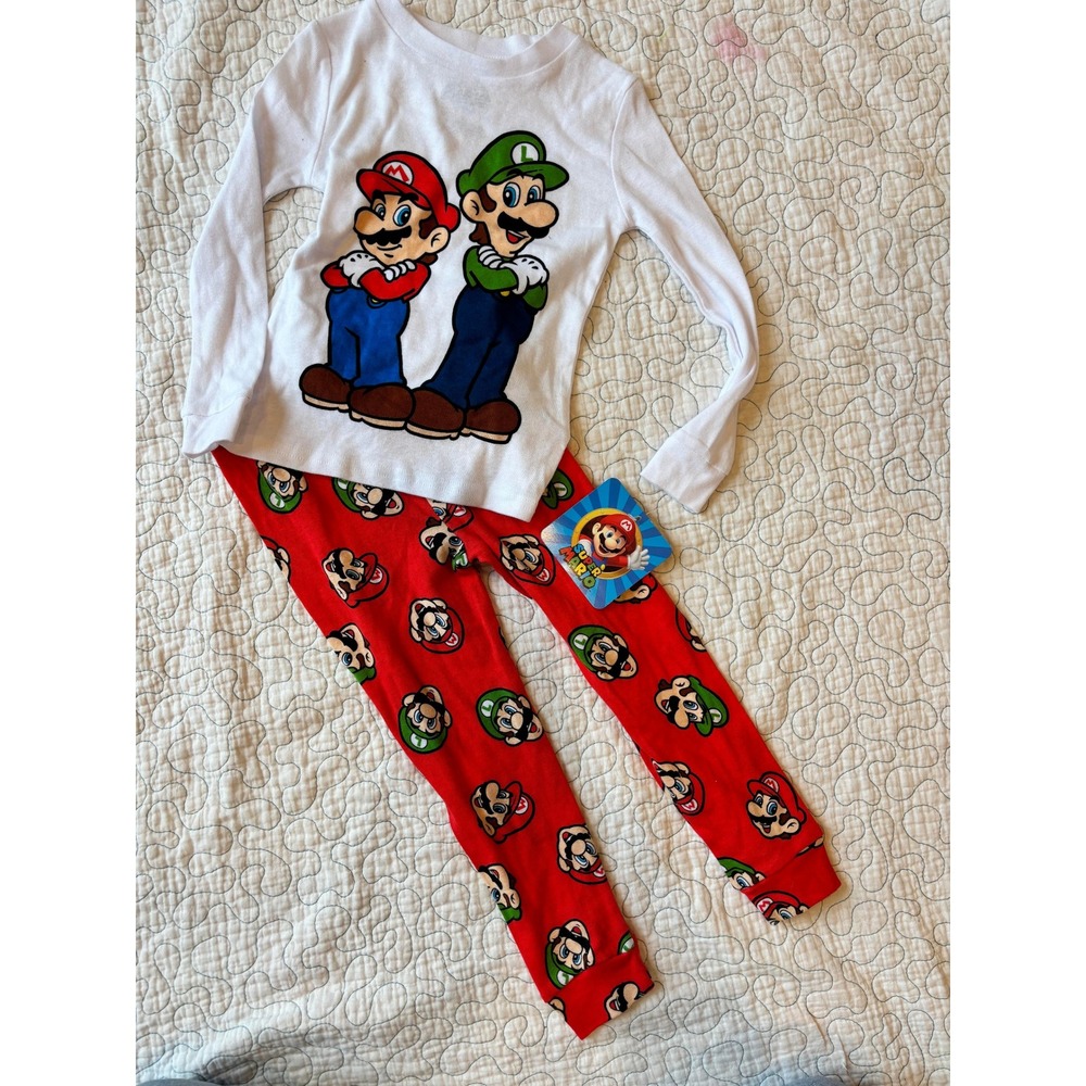 Nintendo‎ Super Mario Luigi Pajama Set Kids 4T White Red Long Sleeve 2pc